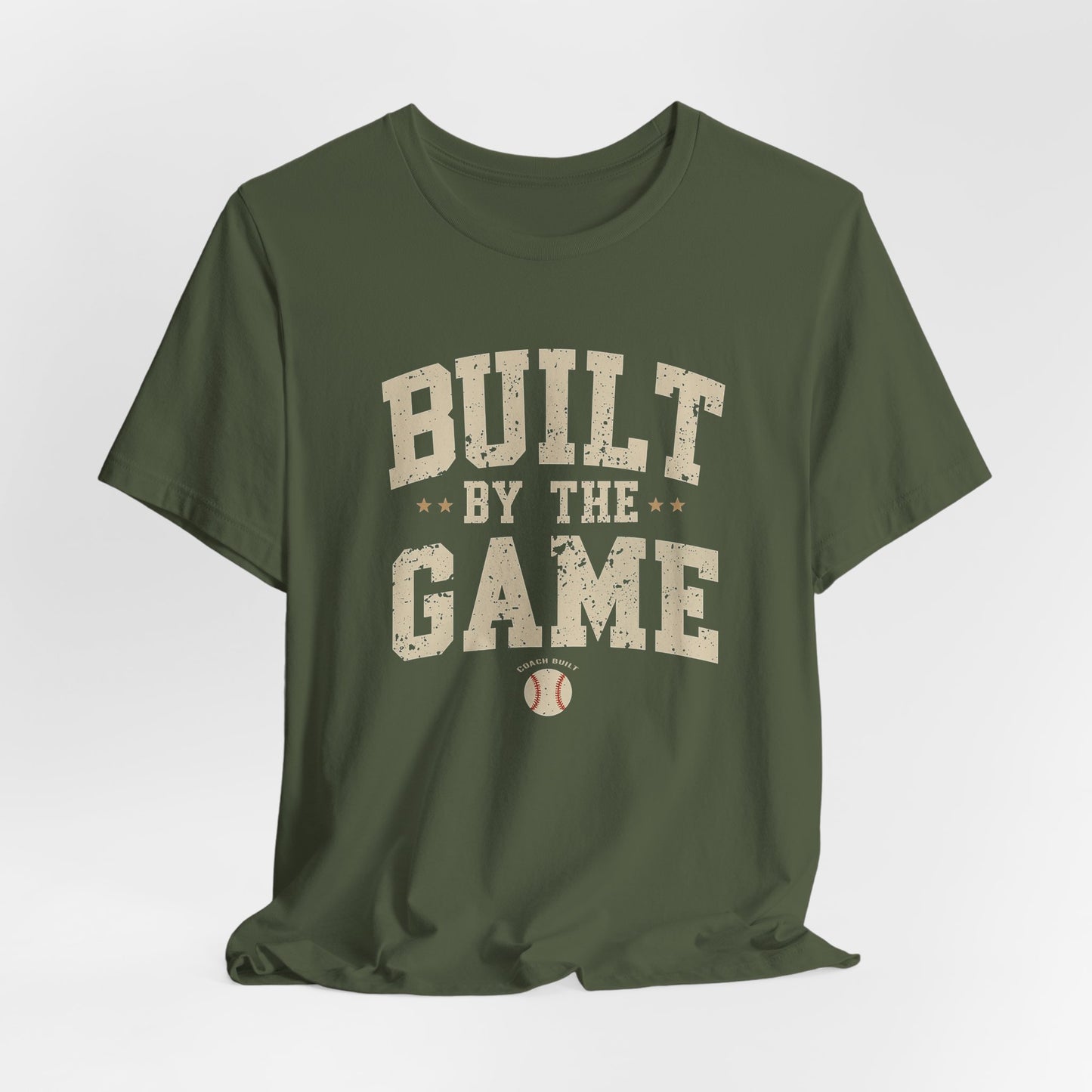 Green t-shirt with 'Built by the Game' text on a white background