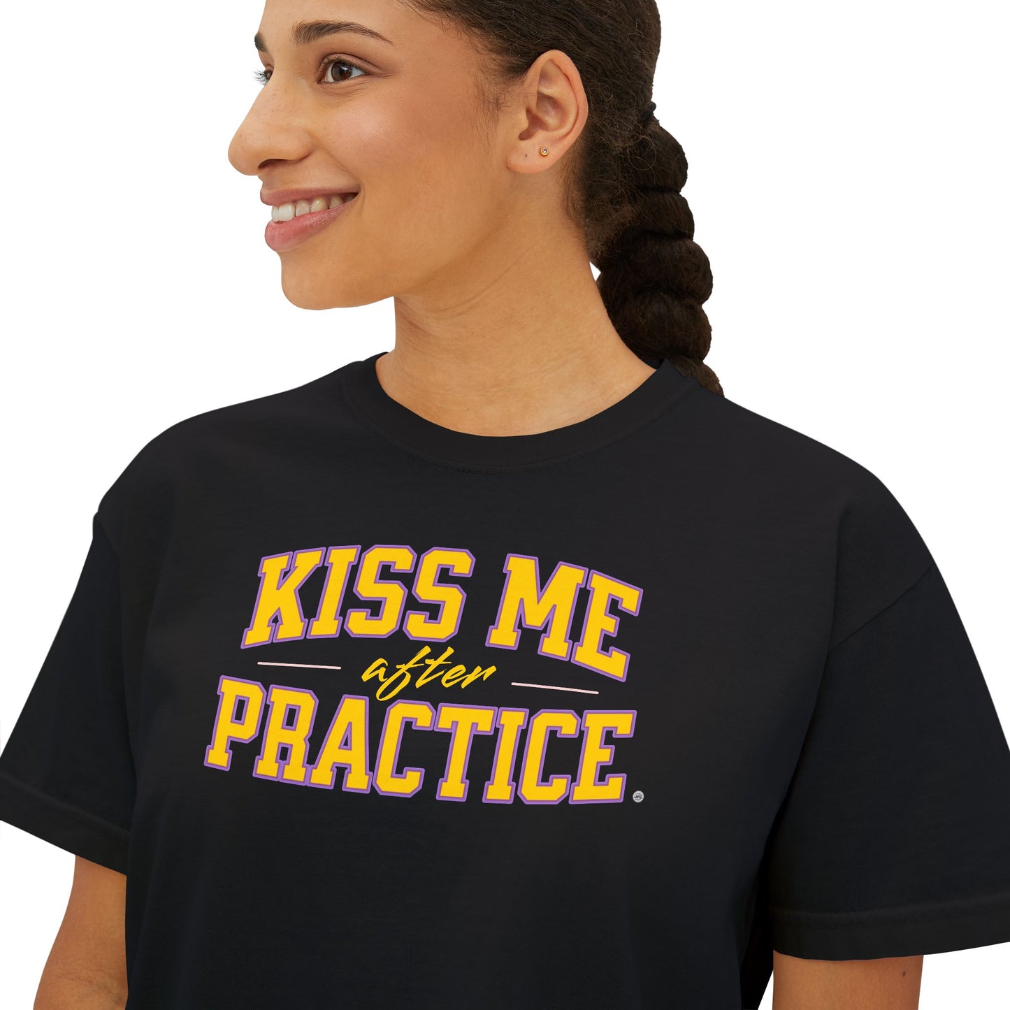 Boxy Tee - Kiss Me After Practice - Yellow Text - Casual Wear, Gift for Friends, Birthday, Sporty Style