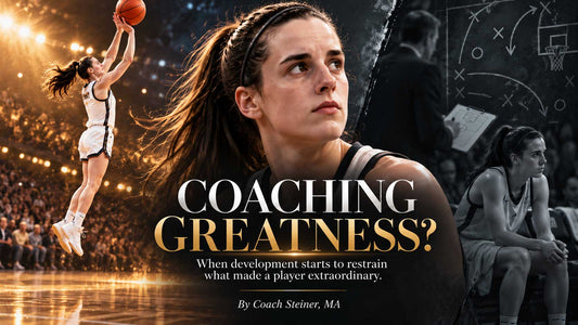 Caitlin Clark shown in a dramatic basketball collage, including an airborne long-range jump shot, a focused close-up portrait, and a bench scene beside coaching diagrams. 