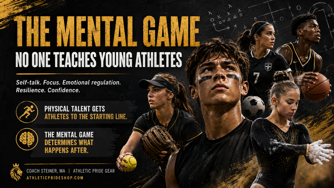 A gritty black-and-gold sports graphic featuring determined young athletes with the headline “The Mental Game No One Teaches Young Athletes,” highlighting self-talk, focus, resilience, and confidence as key parts of athletic development.