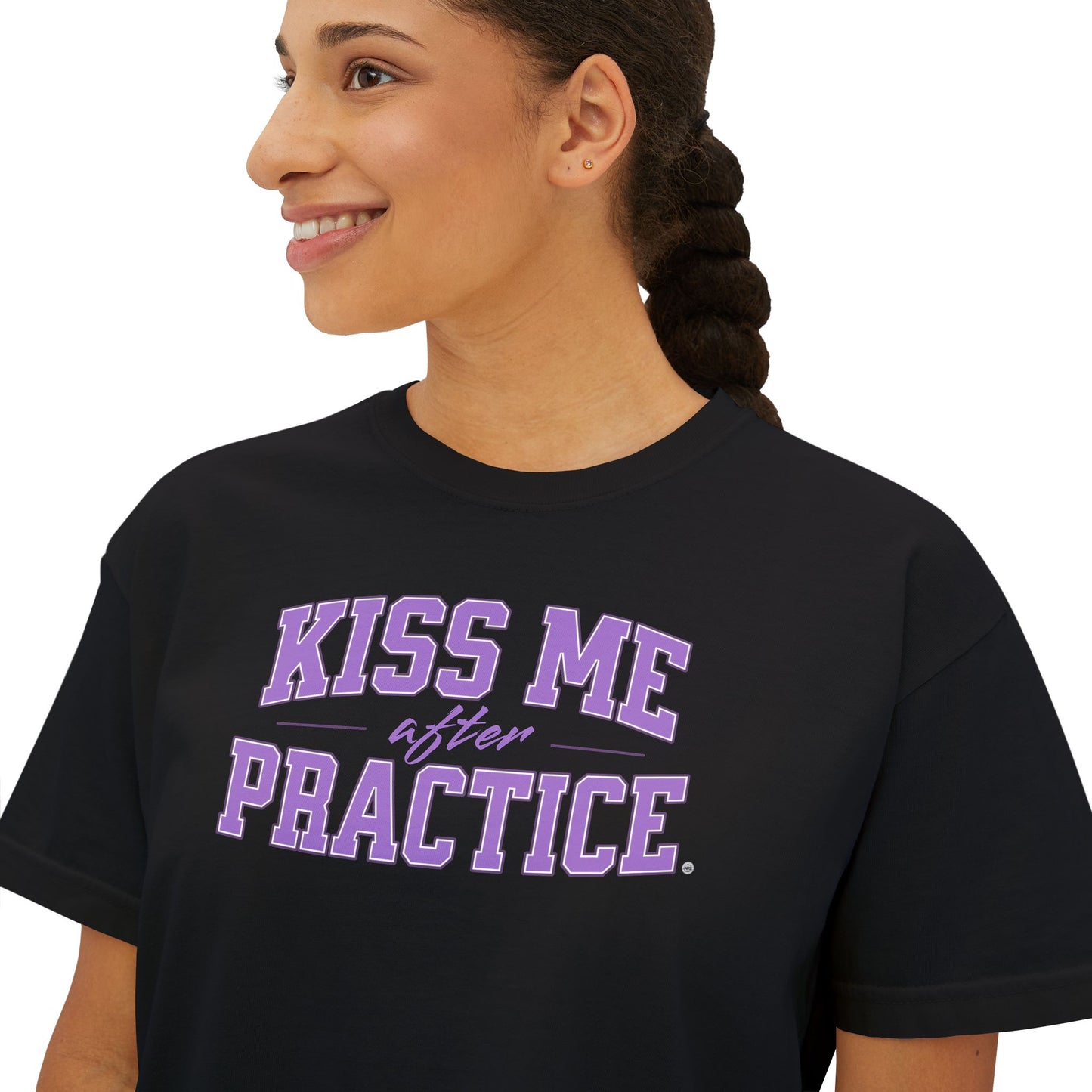 Boxy Tee - Kiss Me After Practice - Lilac Text - Casual Wear, Sleep Tee, Gift for Friends, Birthday, Sporty Style
