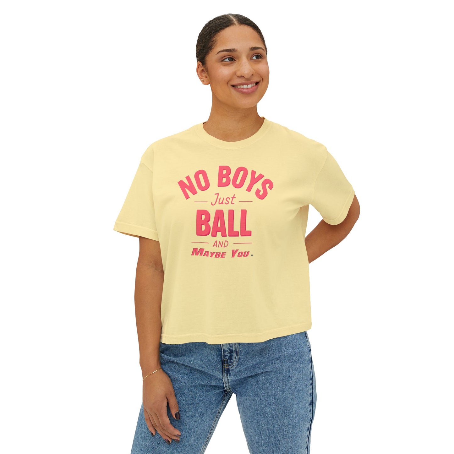 No Boys Just Ball Tee — Women’s Boxy Graphic T‑Shirt