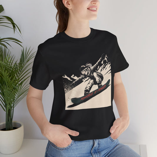 Person wearing a black t-shirt with a graphic design of a person on skis.