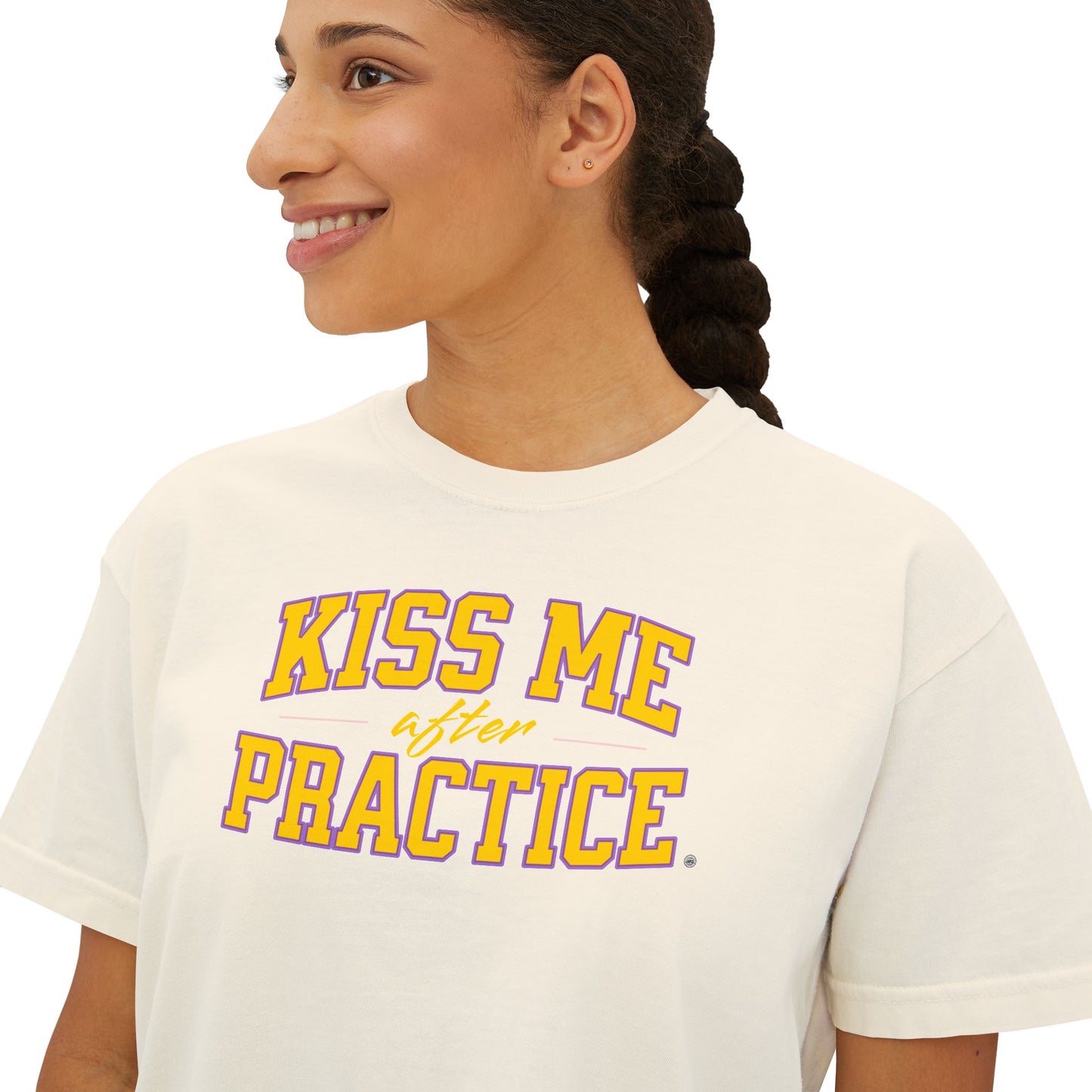 Boxy Tee - Kiss Me After Practice - Yellow Text - Casual Wear, Gift for Friends, Birthday, Sporty Style