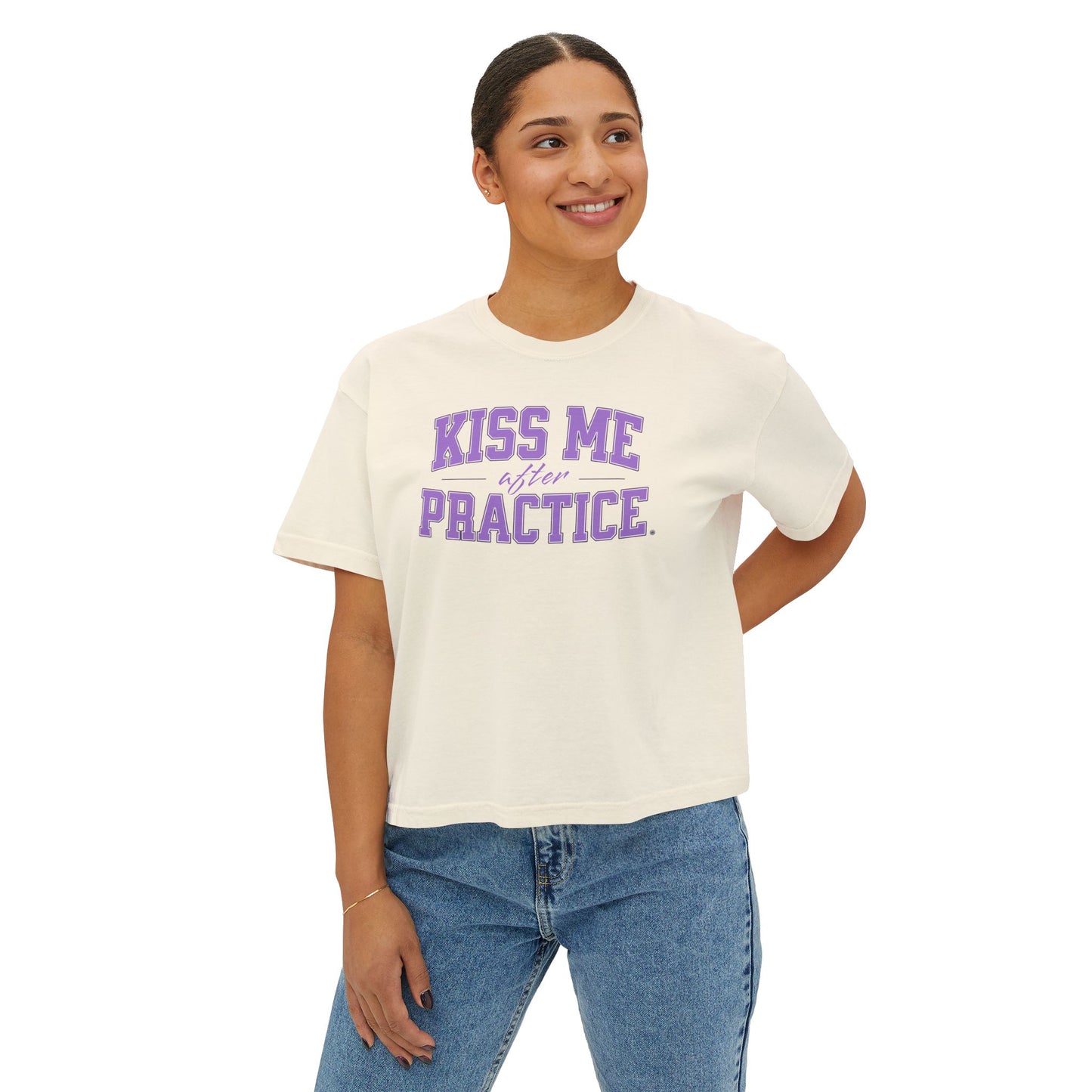Boxy Tee - Kiss Me After Practice - Lilac Text - Casual Wear, Sleep Tee, Gift for Friends, Birthday, Sporty Style