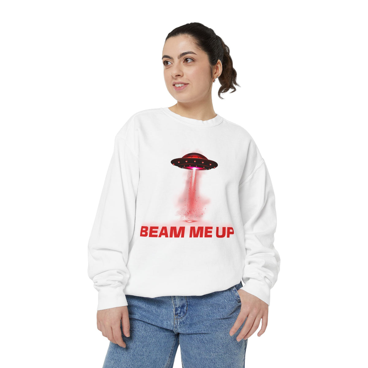 Beam Me Up Crewneck Sweatshirt Retro UFO Graphic