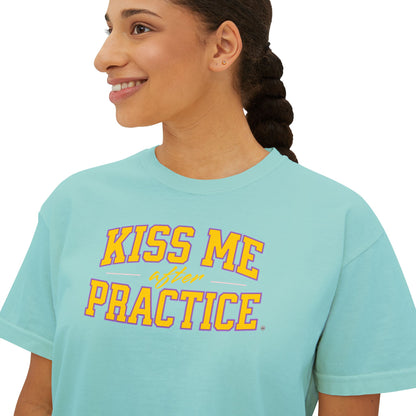 Boxy Tee - Kiss Me After Practice - Yellow Text - Casual Wear, Gift for Friends, Birthday, Sporty Style