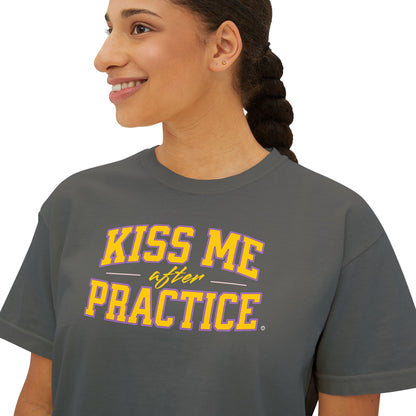 Boxy Tee - Kiss Me After Practice - Yellow Text - Casual Wear, Gift for Friends, Birthday, Sporty Style