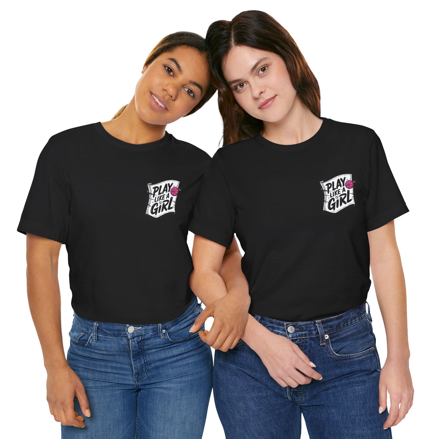 Two models wearing black t-shirts with a small chest pocket graphic reading “Play Like a Girl” with a basketball icon, standing side by side against a white background.