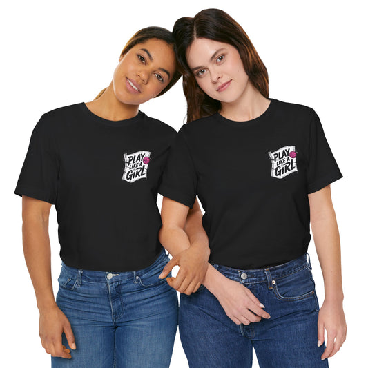 Two models wearing black t-shirts with a small chest pocket graphic reading “Play Like a Girl” with a basketball icon, standing side by side against a white background.