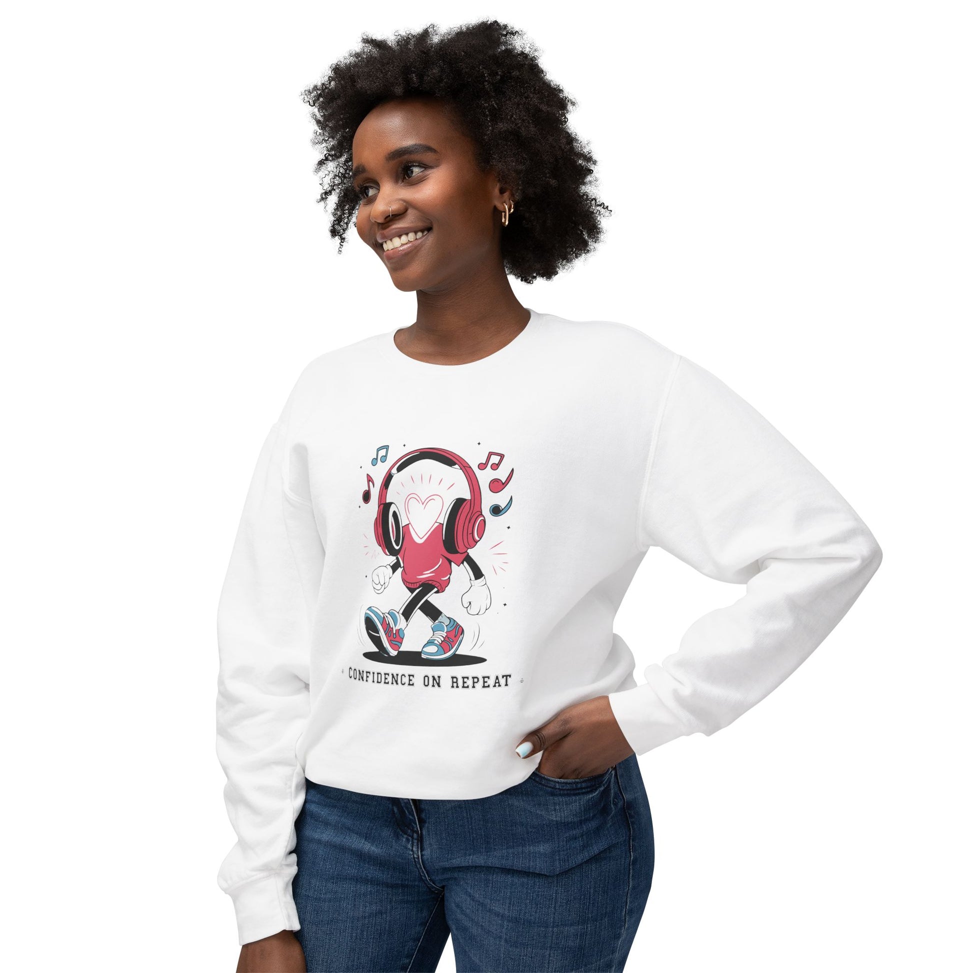 Athletic Woman wearing a white sweatshirt "Confidence on Repeat" graphic design "on a white sweatshirt