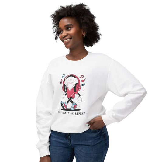 Athletic Woman wearing a white sweatshirt "Confidence on Repeat" graphic design "on a white sweatshirt