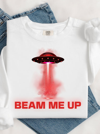 Beam Me Up Crewneck Sweatshirt Retro UFO Graphic