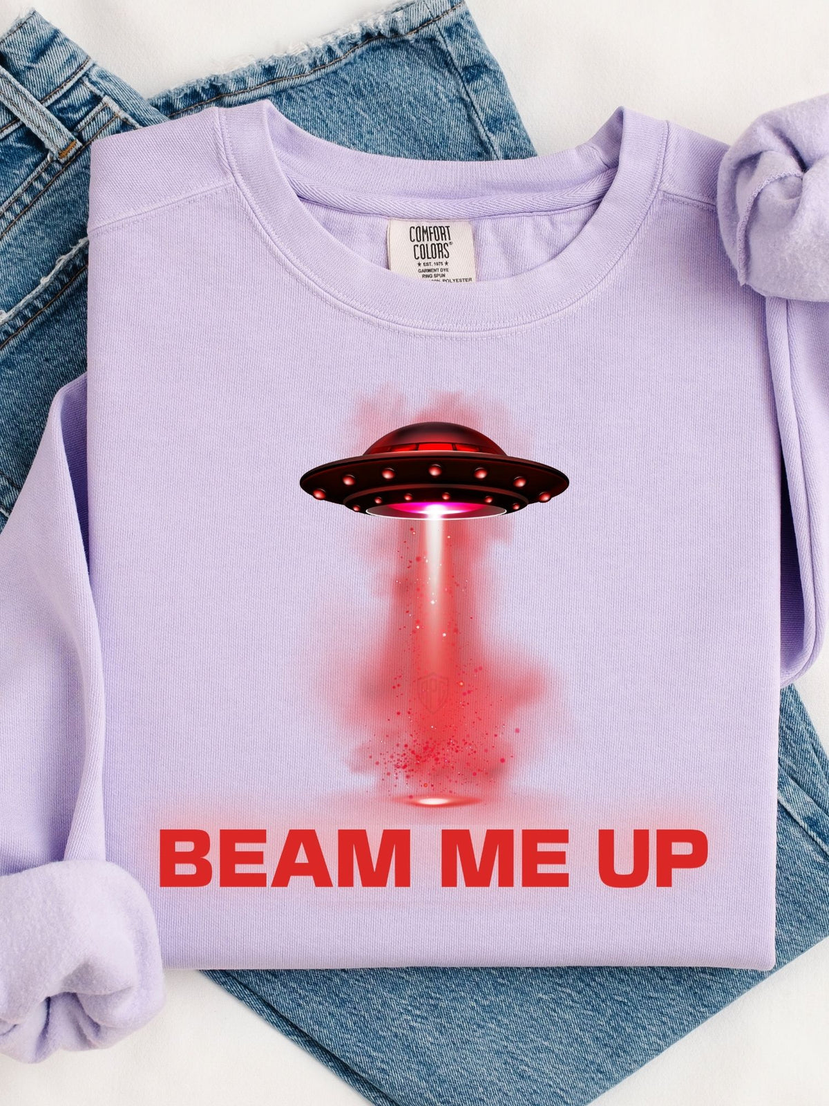 Beam Me Up Crewneck Sweatshirt Retro UFO Graphic