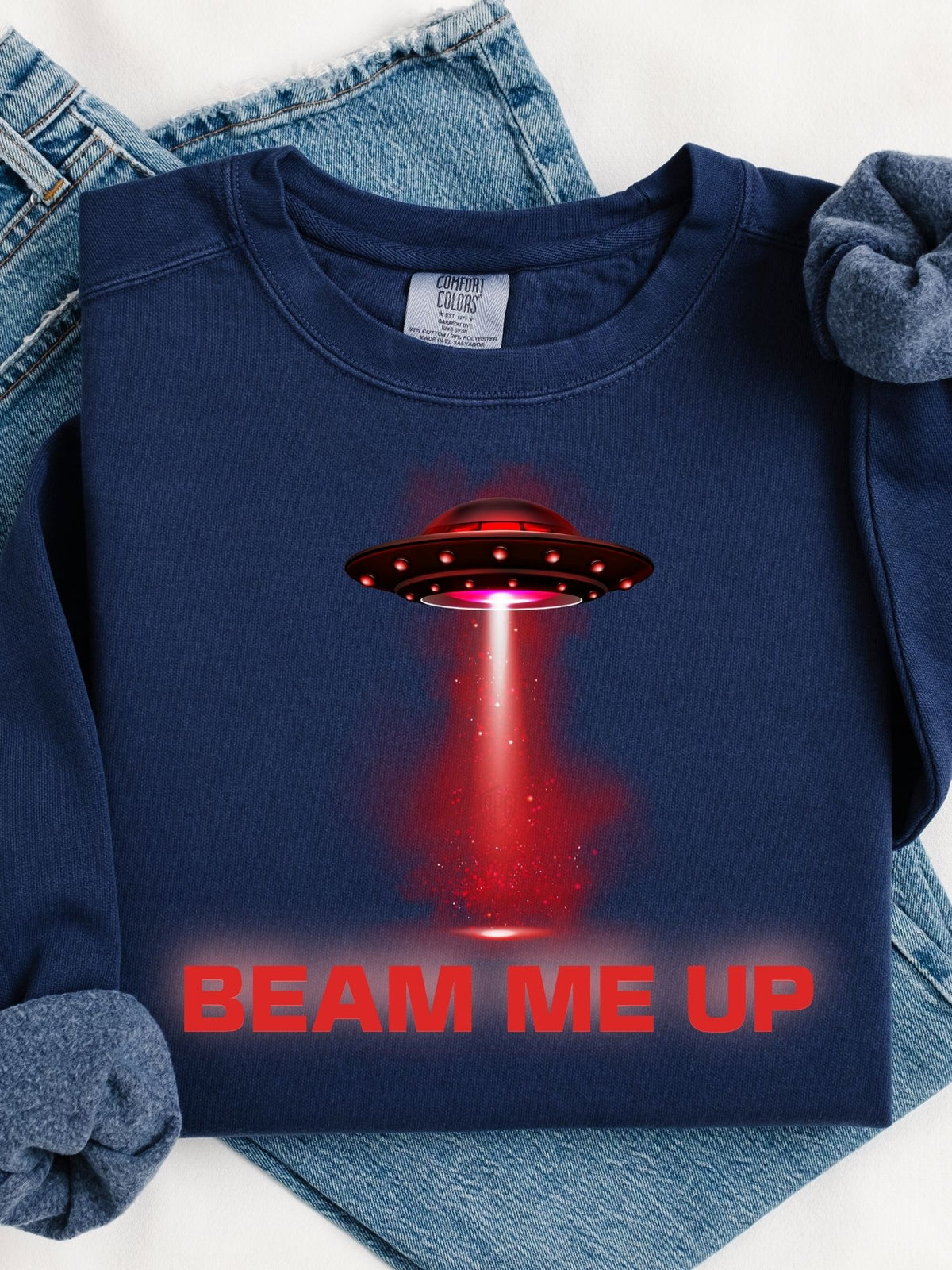 Beam Me Up Crewneck Sweatshirt Retro UFO Graphic