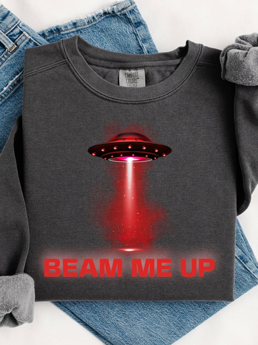 Beam Me Up Crewneck Sweatshirt Retro UFO Graphic
