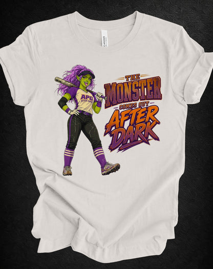 The Monster Comes Out After Dark Softball Tee