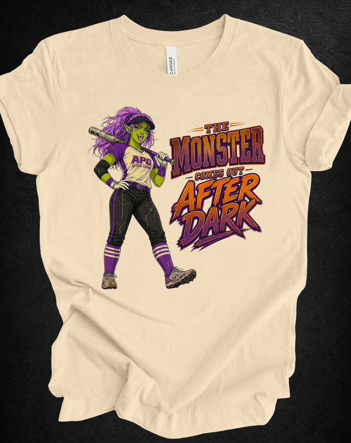 The Monster Comes Out After Dark Softball Tee