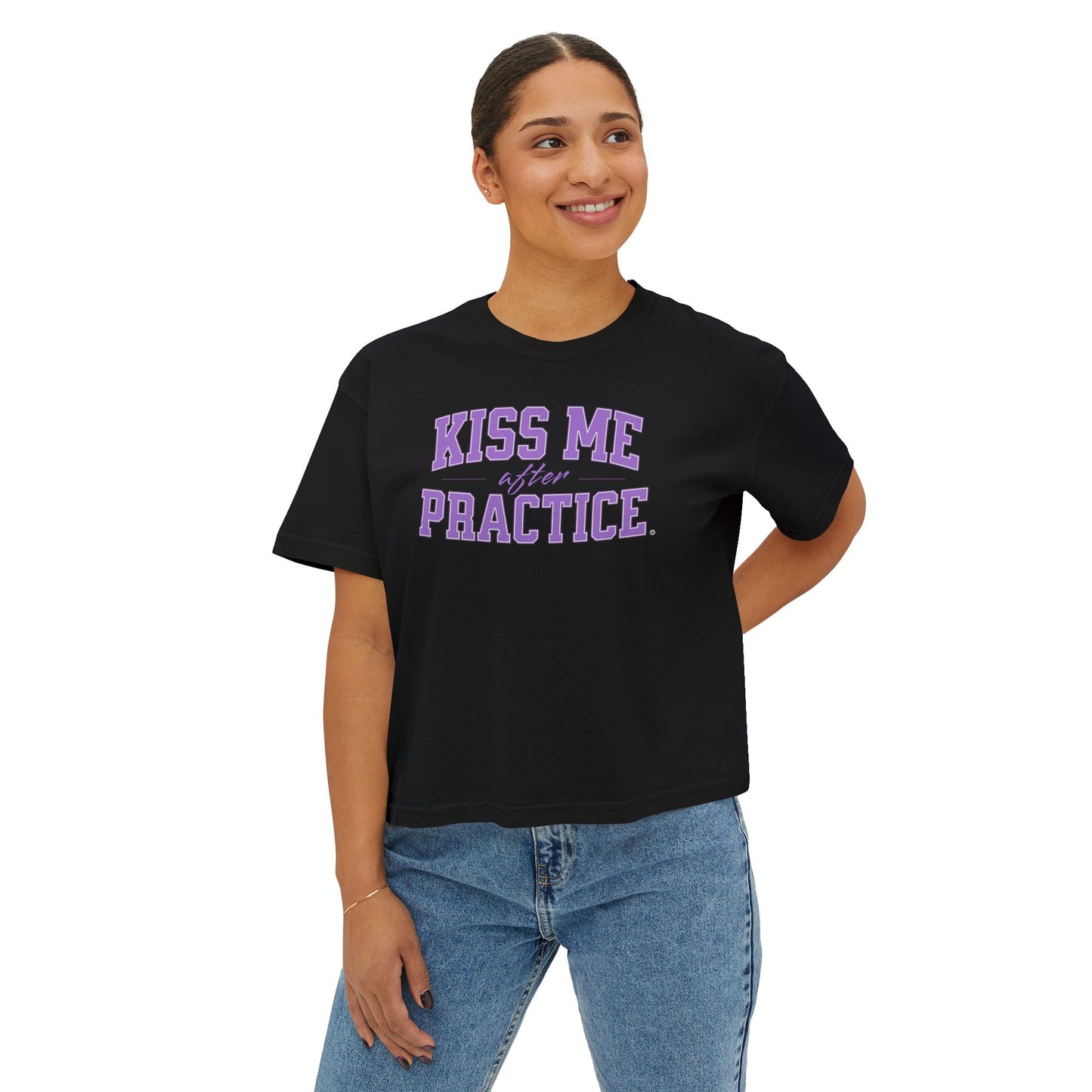 Boxy Tee - Kiss Me After Practice - Lilac Text - Casual Wear, Sleep Tee, Gift for Friends, Birthday, Sporty Style