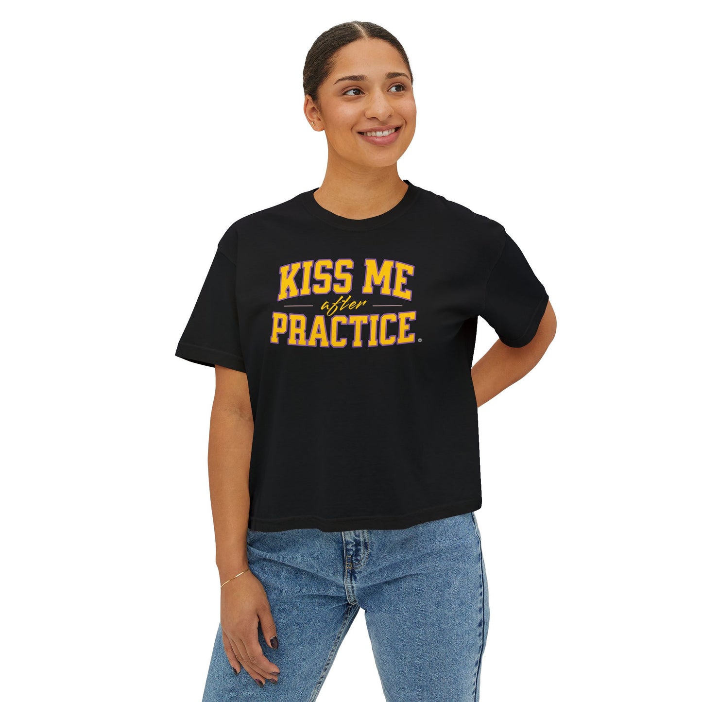 Boxy Tee - Kiss Me After Practice - Yellow Text - Casual Wear, Gift for Friends, Birthday, Sporty Style