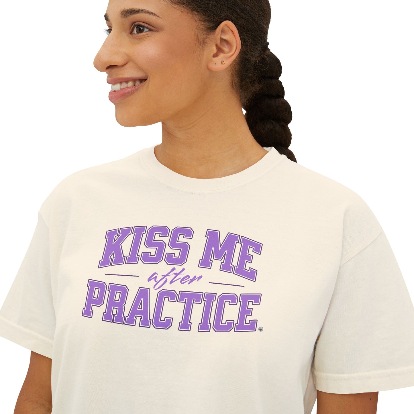 Boxy Tee - Kiss Me After Practice - Lilac Text - Casual Wear, Sleep Tee, Gift for Friends, Birthday, Sporty Style