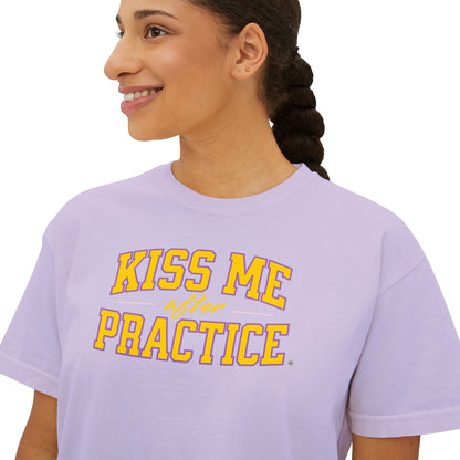 Boxy Tee - Kiss Me After Practice - Yellow Text - Casual Wear, Gift for Friends, Birthday, Sporty Style