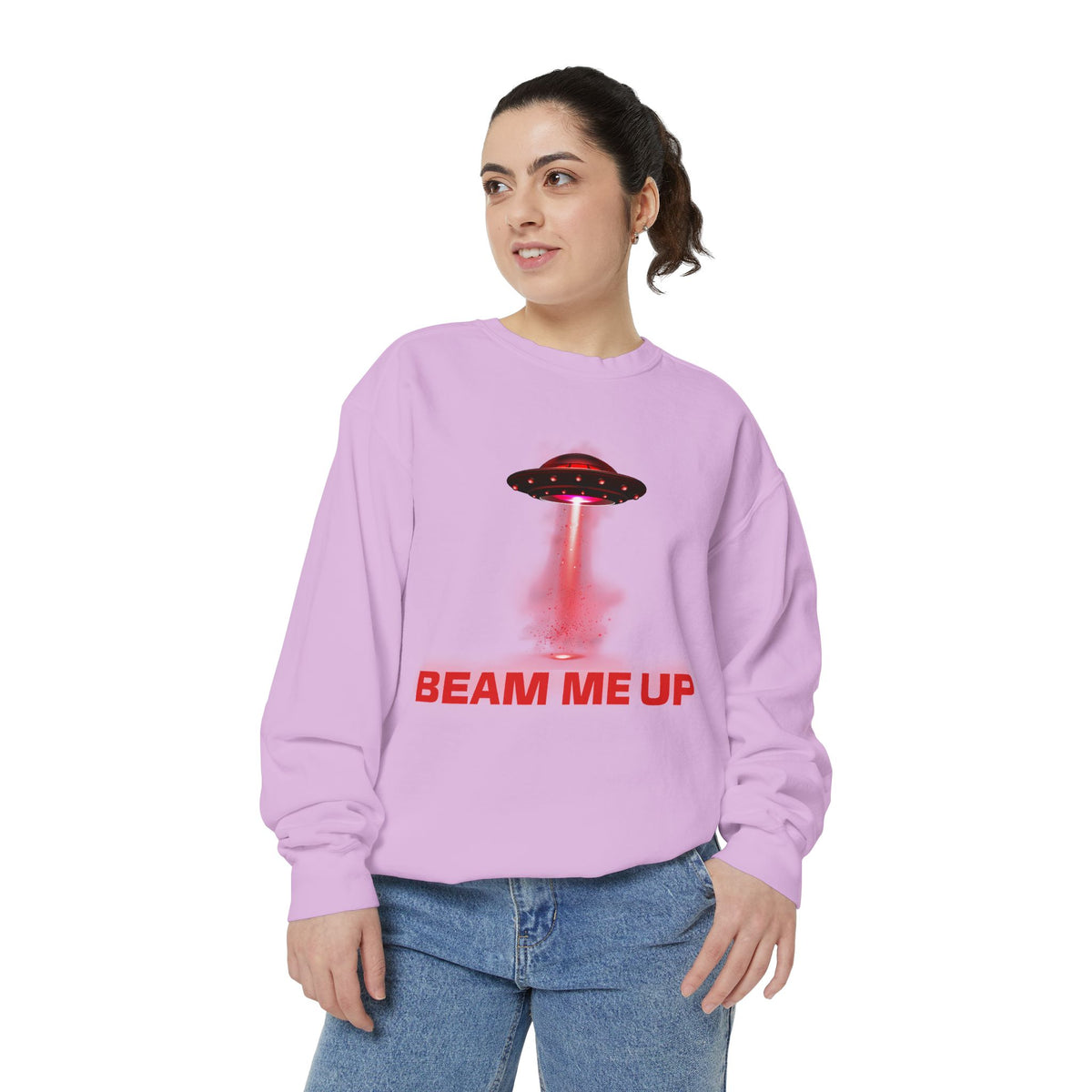 Beam Me Up Crewneck Sweatshirt Retro UFO Graphic
