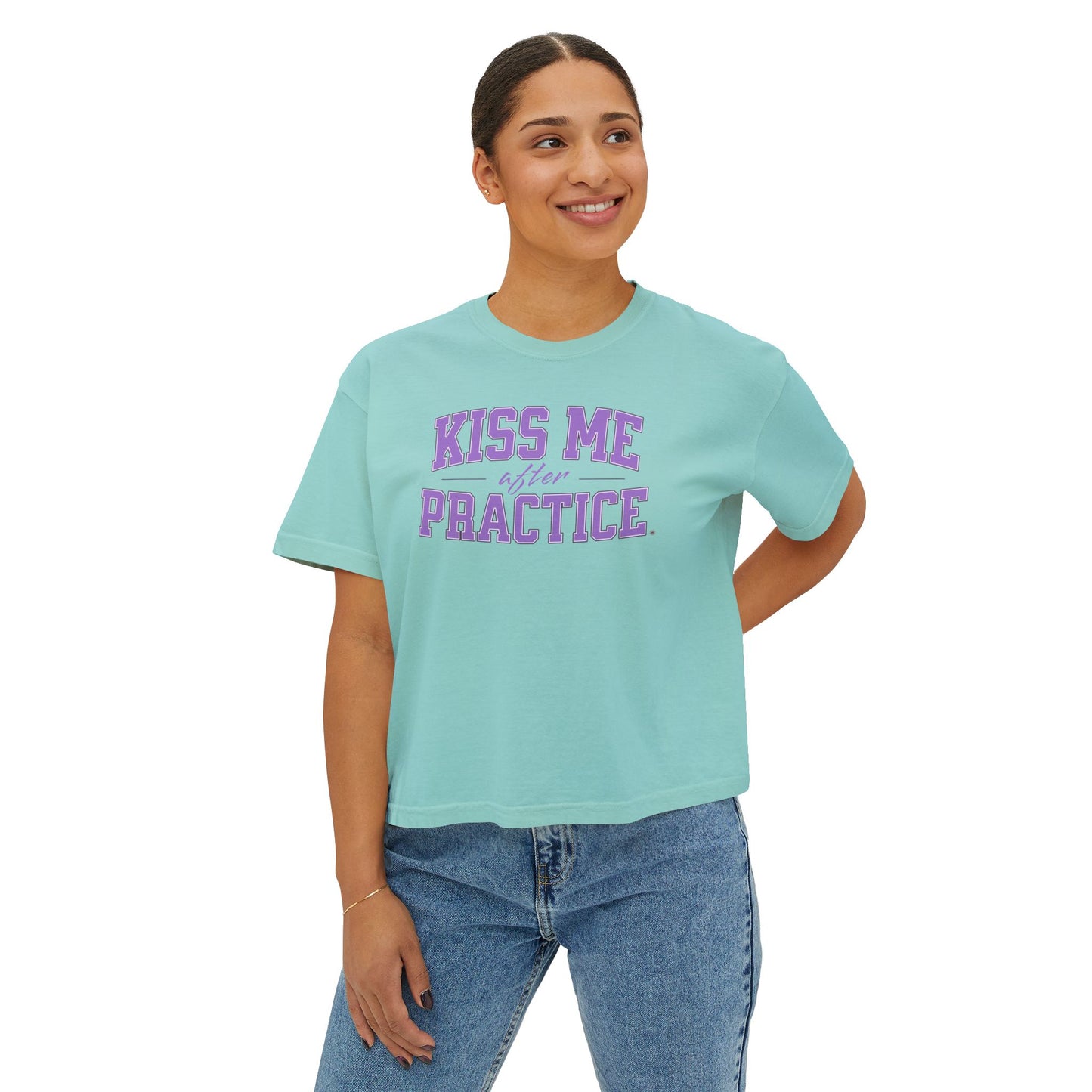 Boxy Tee - Kiss Me After Practice - Lilac Text - Casual Wear, Sleep Tee, Gift for Friends, Birthday, Sporty Style