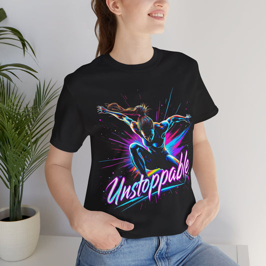 Black t-shirt featuring a colorful illustration of an athlete in a powerful forward motion pose with the word “Unstoppable” written in stylized lettering across the front.