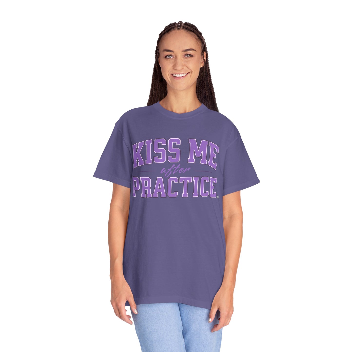 Unisex Tomboy T-shirt - 'Kiss Me after Practice' - Lavender Text