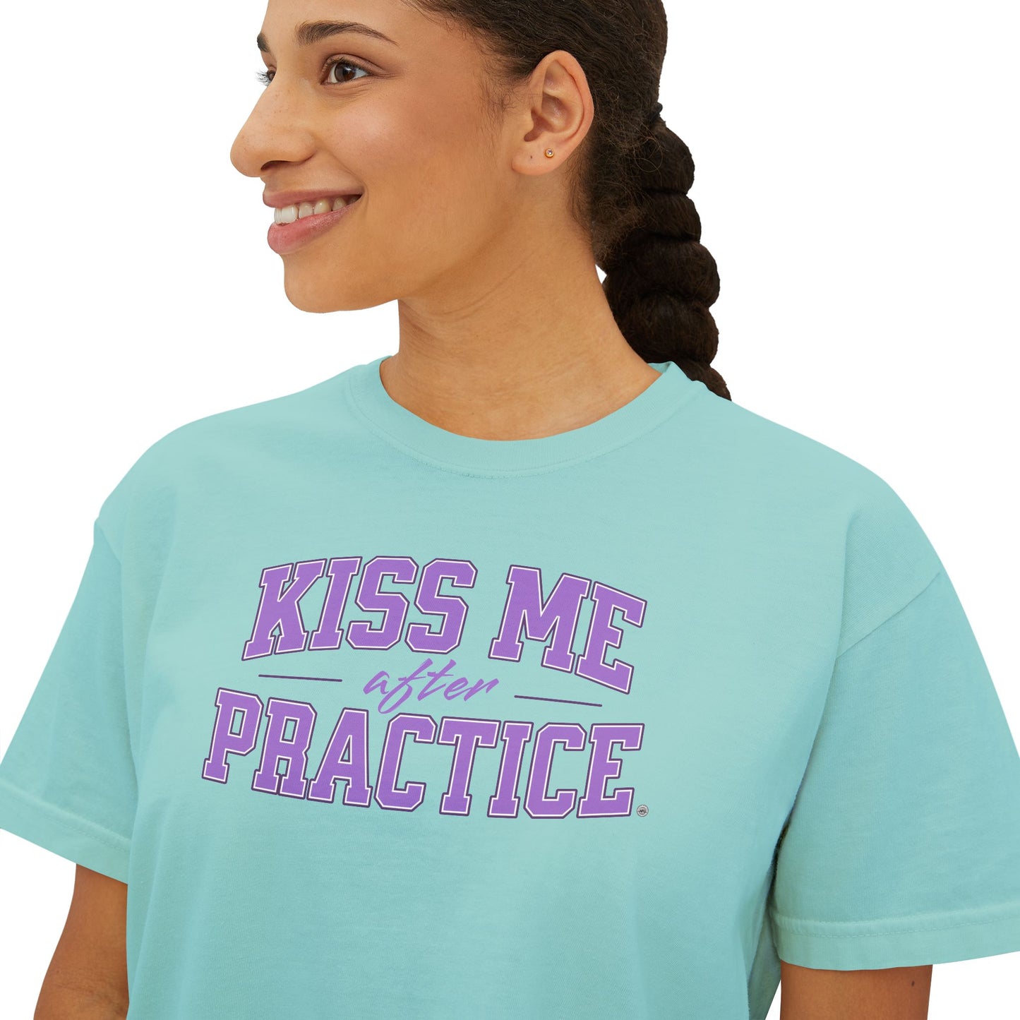 Boxy Tee - Kiss Me After Practice - Lilac Text - Casual Wear, Sleep Tee, Gift for Friends, Birthday, Sporty Style