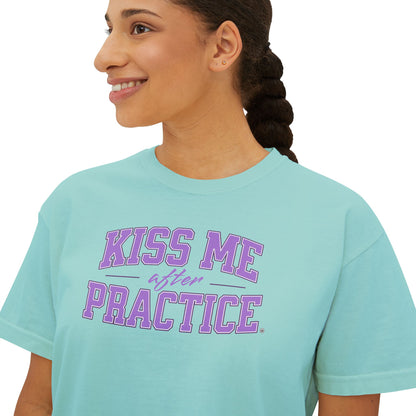 Boxy Tee - Kiss Me After Practice - Lilac Text - Casual Wear, Sleep Tee, Gift for Friends, Birthday, Sporty Style