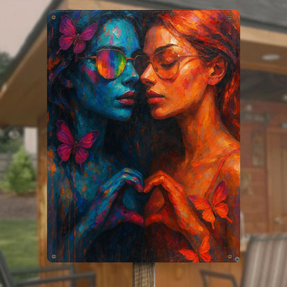 Metal wall art of two women with butterflies, symbolizing love and connection