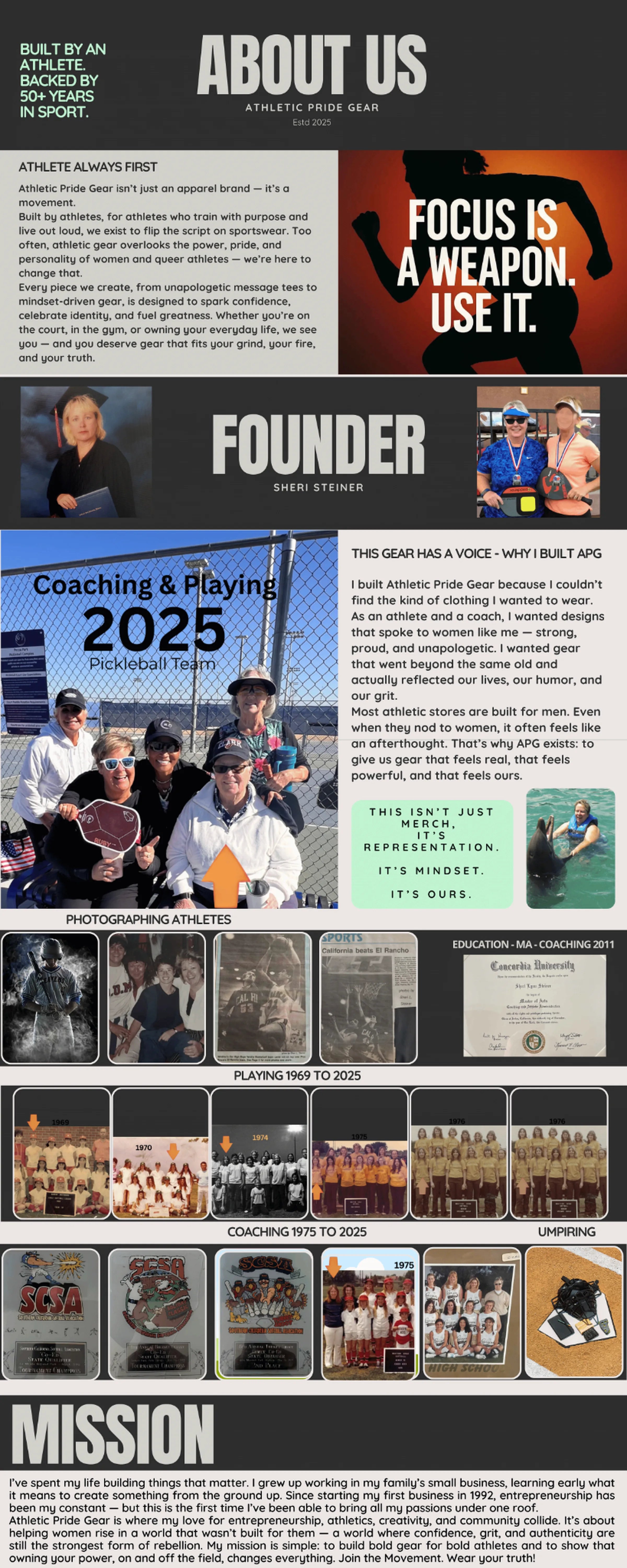 About Athletic Pride Gear — built by an athlete and coach; backed by 50+ years in sport. Founder Sheri Steiner’s story and mission.