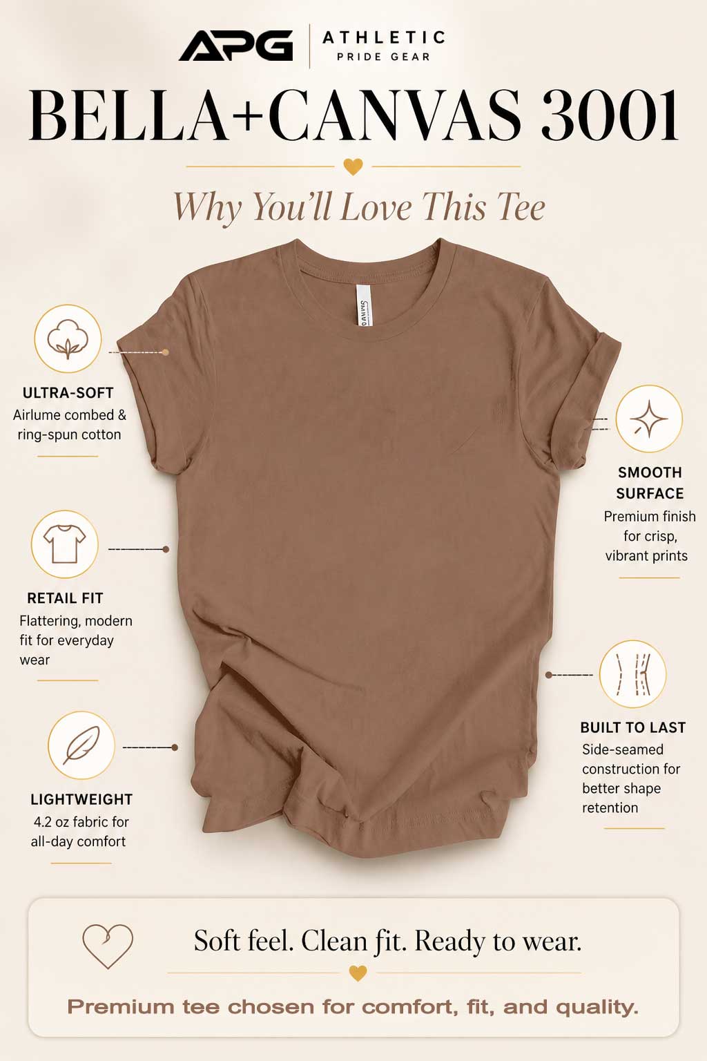 Brown t-shirt with features of APG Athletic Pride Gear Bella+Canvas 3001 on a beige background