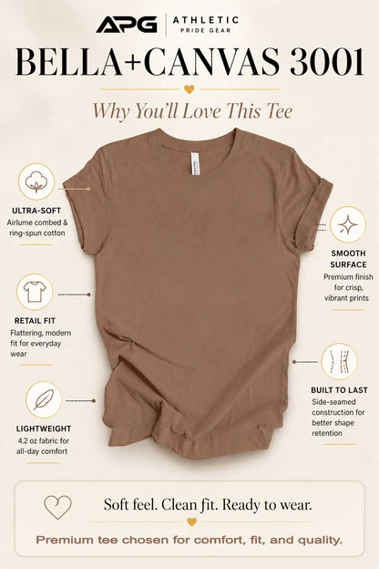 Brown t-shirt with features of APG Athletic Pride Gear Bella+Canvas 3001 on a beige background