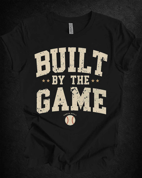 Black t-shirt with 'Built by the Game' text and baseball graphic on a dark background