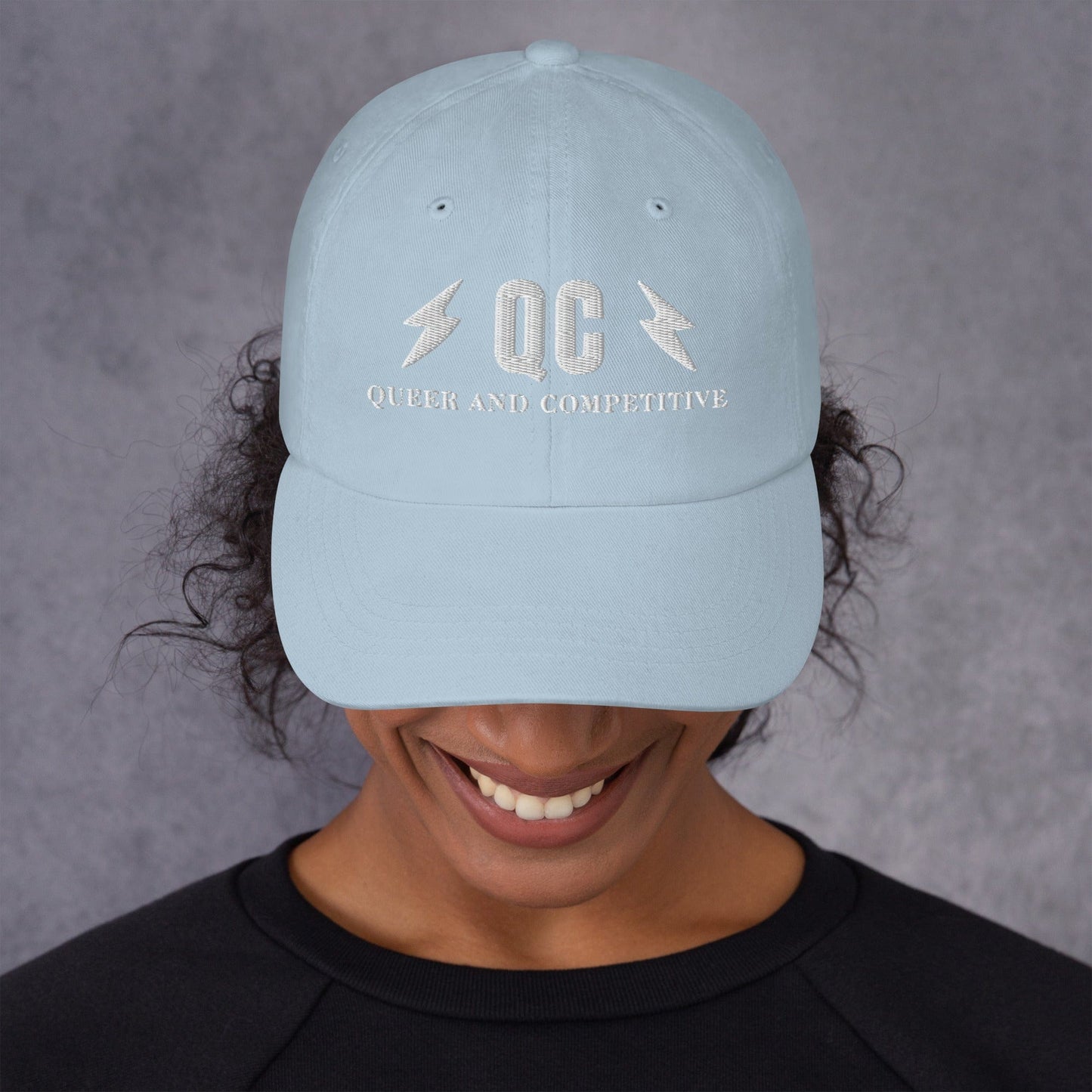 Hat "QC" "Queer and Competitive" Embroidered cotton hat Light Blue