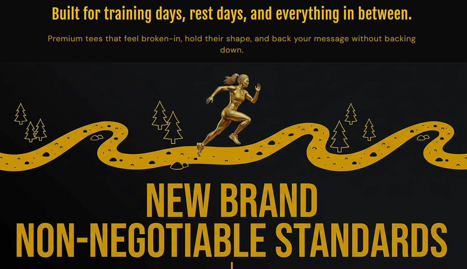 A new brand with a running person on a yellow path against a black background.
