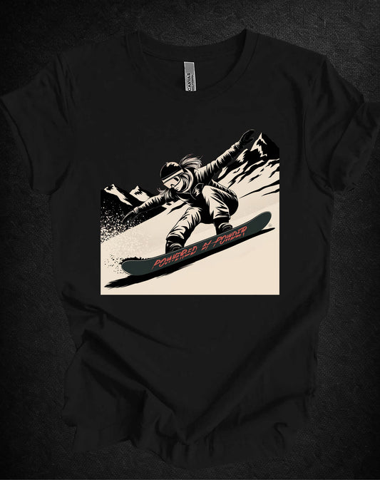 Black t-shirt with a graphic of a snowboarder on a dark background
