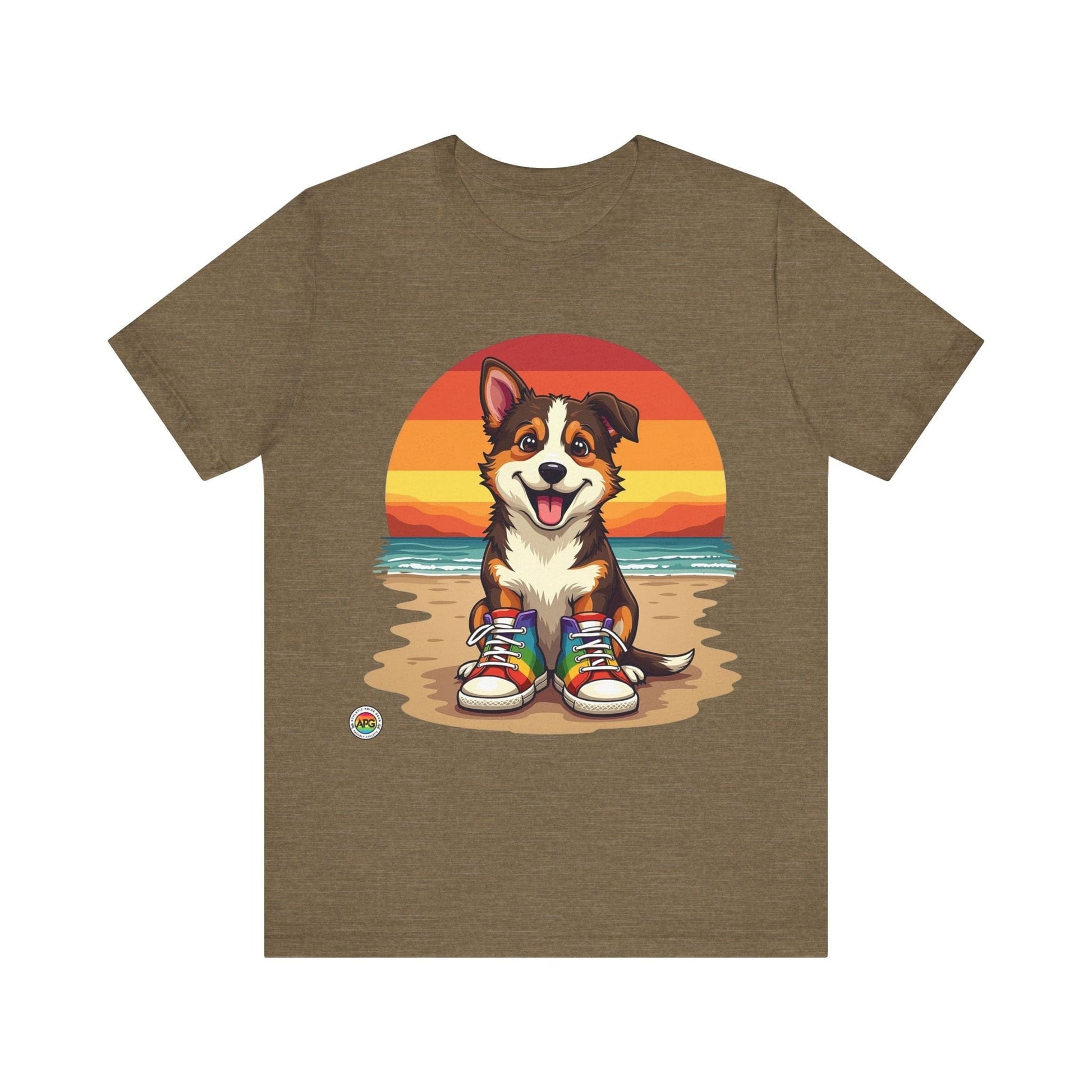 T-Shirt Unisex Tee - Dog with Rainbow Shoes Heather Olive / S