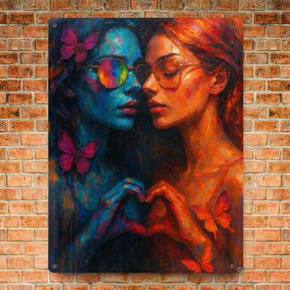 Colorful pride wall art of two women with butterflies, symbolizing love and connection