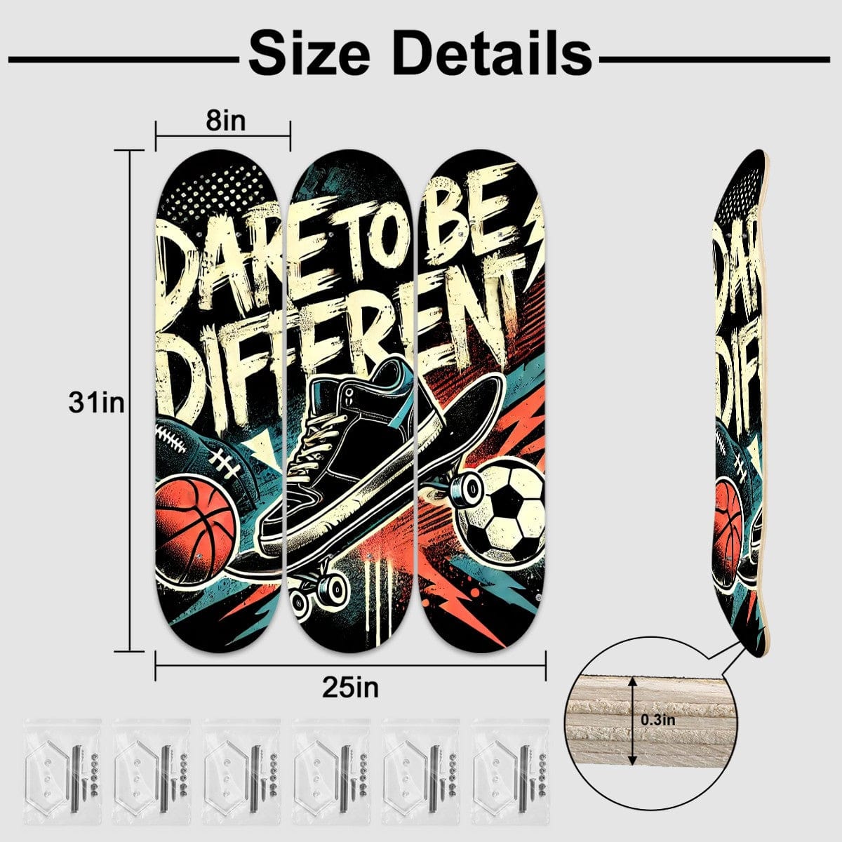 Wall Art 3 Panels Wood Skateboard Prints Wall Art 31"x25"